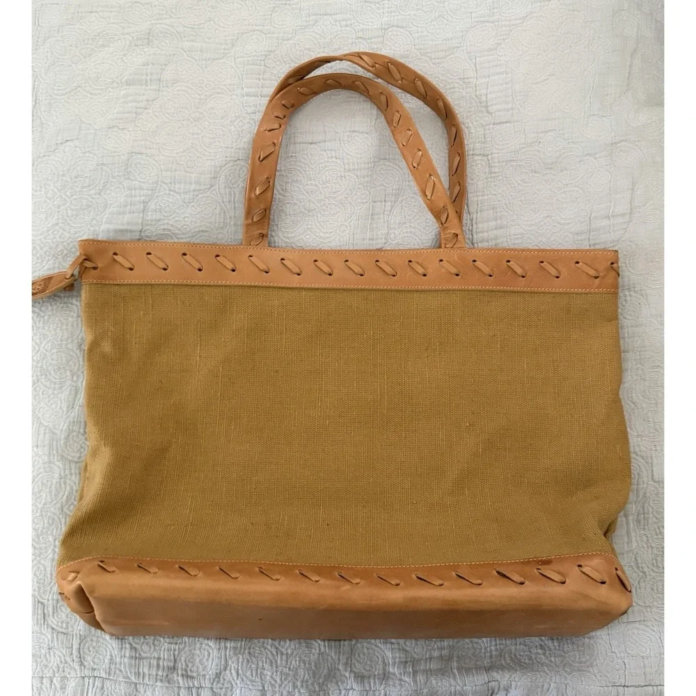 Anne Klein Tote Bag Leather Woven Green Canvas Large Summer Vintage 90s Y2K